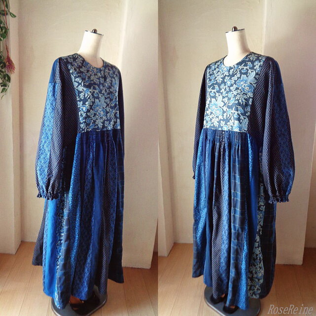 sold ラス1 絵画なパッチワーク♥navy blue♥ギャザードレス