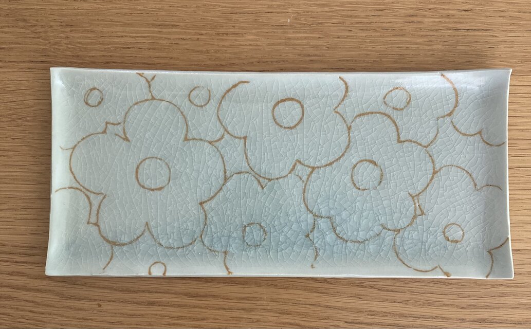 象嵌長皿　オレンジ花