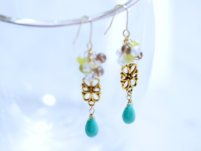 スモーキークォーツ×色翡翠×チェコドロップ×透かしお花　ピアス/イヤリング P0275 E0275