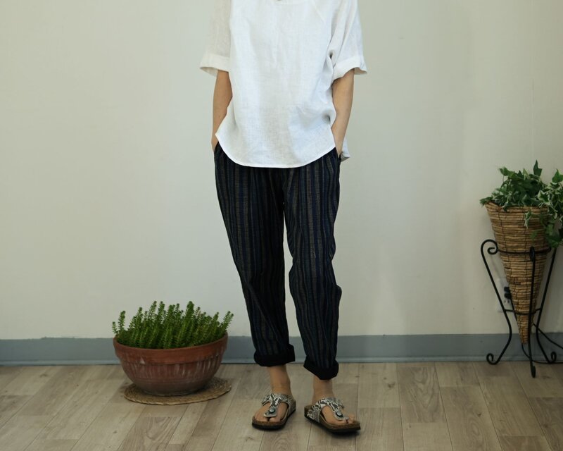 ベーシックデザイン コットンパンツ：木綿 縞模様