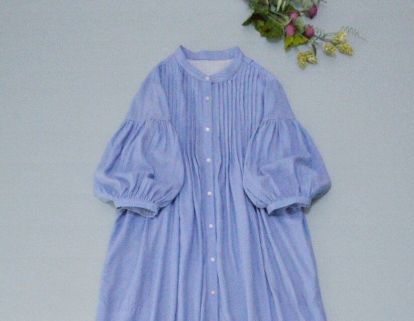 ピンタック仕様スタンドカラーポケット付きゆったり着られる大人可愛い七分袖ロングワンピース♪