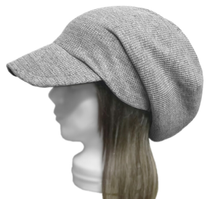 つば広ルーズキャスケット◆ワッフル織コットンニット／杢グレー系　◇紫外線対策・ゆったりサイズ・小顔効果・オールシーズン着用◇