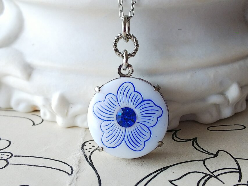 ヴィンテージ　涼し気なBlue-flower／Sapphire-Glass　2Wayネックレス