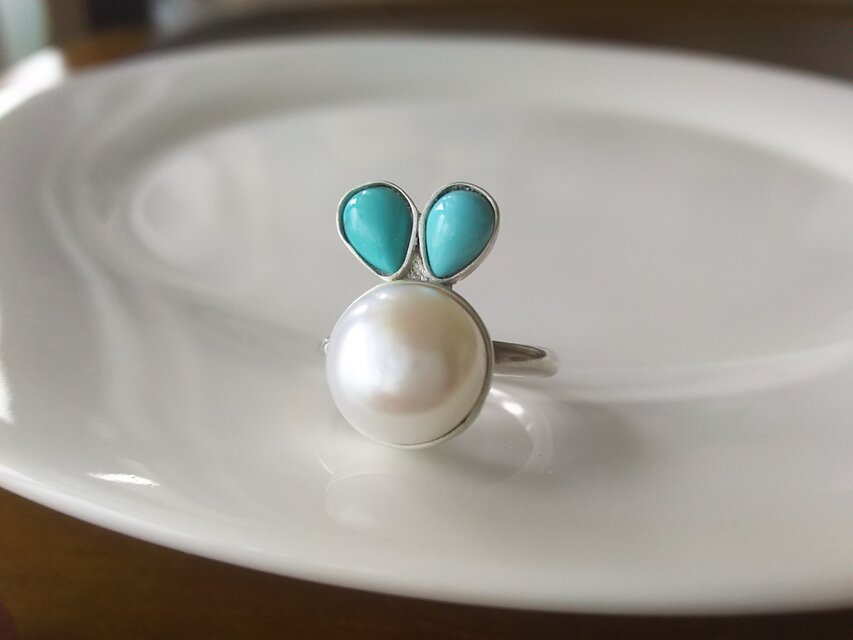 うさぎのリング パール&ターコイズ