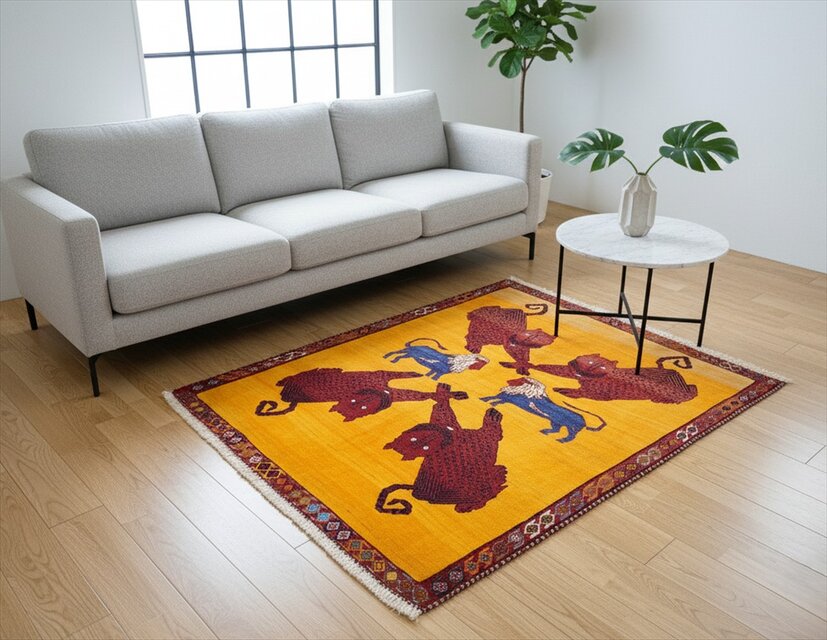 ペルシャ　オールドギャッベ　シラーズ　アマレバフト　188×138cm ライオン ヒョウ　PS4679