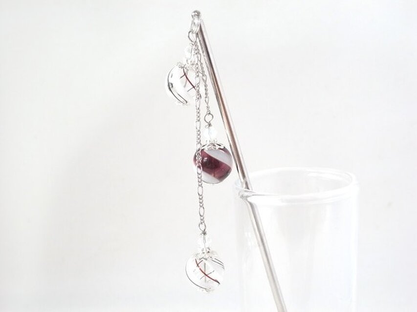 夏祭りのヨーヨーの様な紫色の水玉吹きガラスの3連かんざしB