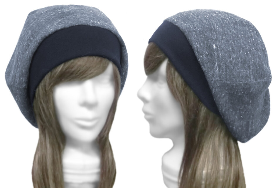 リブ付ベレー帽◆スラブネップコットンニット／杢ネイビーmix　◇ゆったりサイズ・小顔効果・長いシーズン着用◇