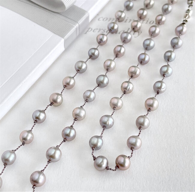 【シルバー金具】 パールロングネックレス ーsilver pearl ロングボールチェーンネックレスー サージカル