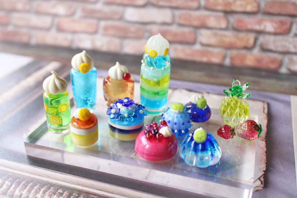 ガラスのミニチュア 夏スイーツセット ☆ガラスのミニチュア喫茶店