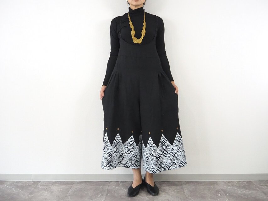 ブロックプリント/リネンサロペットパンツ