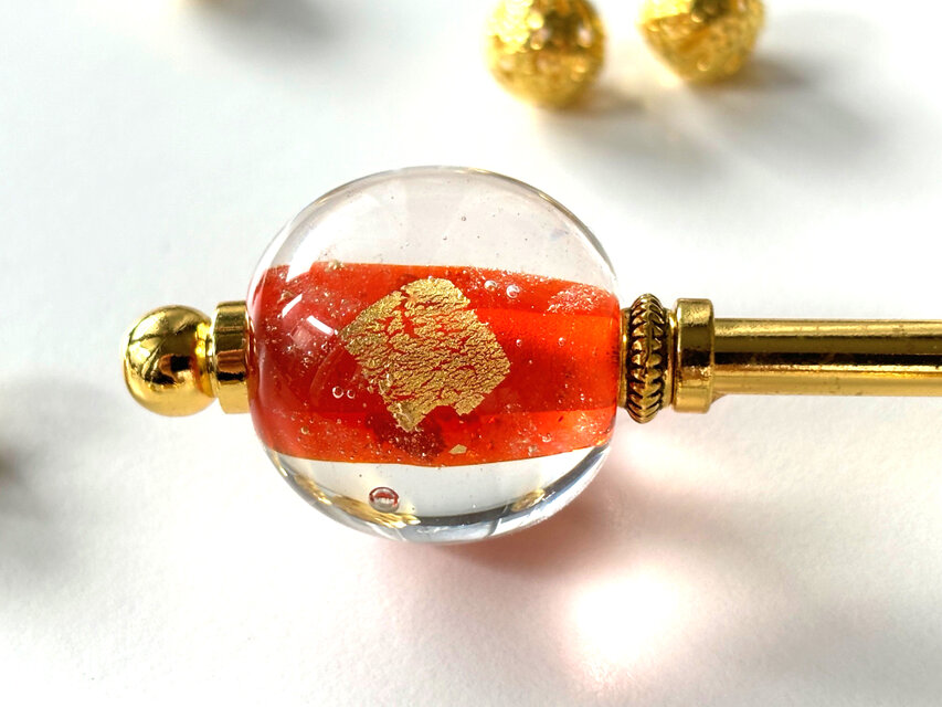 かんざし オレンジと金箔調ホイールのとんぼ玉 一本挿し 一本簪 トンボ