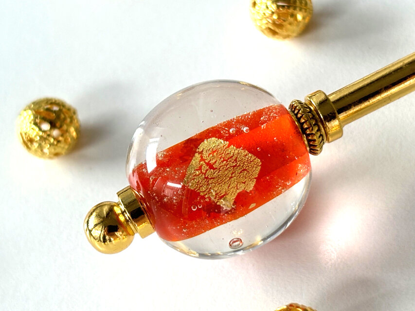 かんざし オレンジと金箔調ホイールのとんぼ玉 一本挿し 一本簪 トンボ