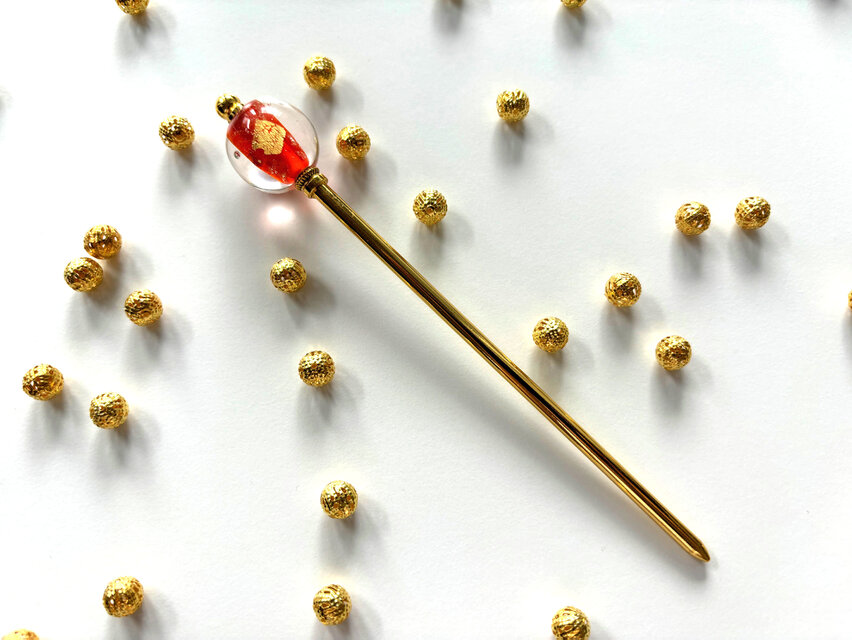 かんざし オレンジと金箔調ホイールのとんぼ玉 一本挿し 一本簪 トンボ