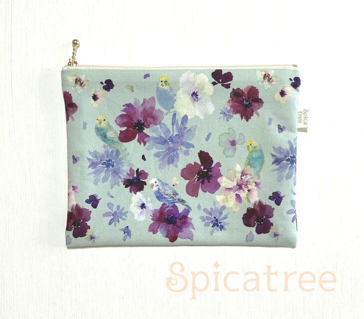 オリジナル柄布ポーチ「花とセキセイインコ」