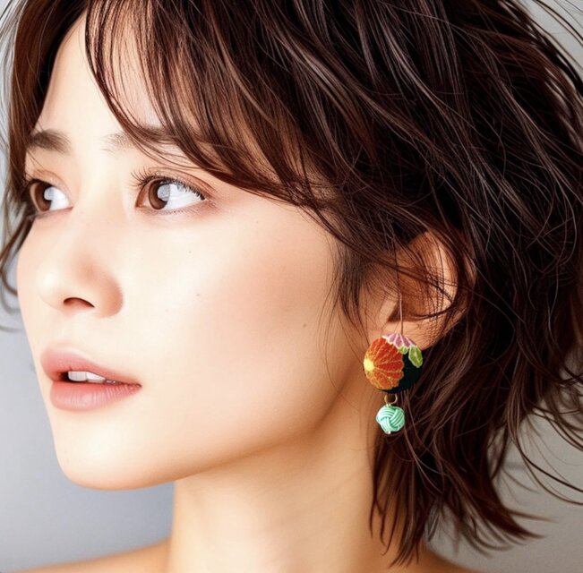 イヤリング》京都一越ちりめん・黒地にインパクトある菊の花の包み