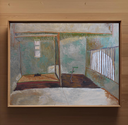 原画「掛け軸と石と盆栽がある床の間」F60・油彩画