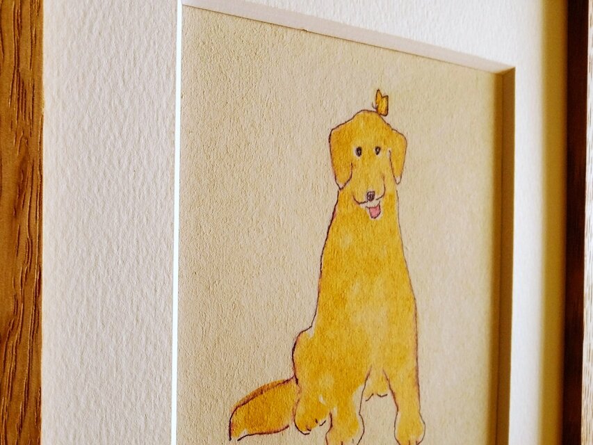 原画・イラスト】「犬とちょうちょ」 ※18㎝角 栗材木製額縁入り・北欧