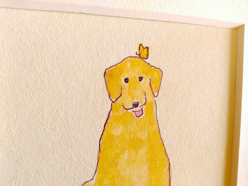 原画・イラスト】「犬とちょうちょ」 ※18㎝角 栗材木製額縁入り・北欧