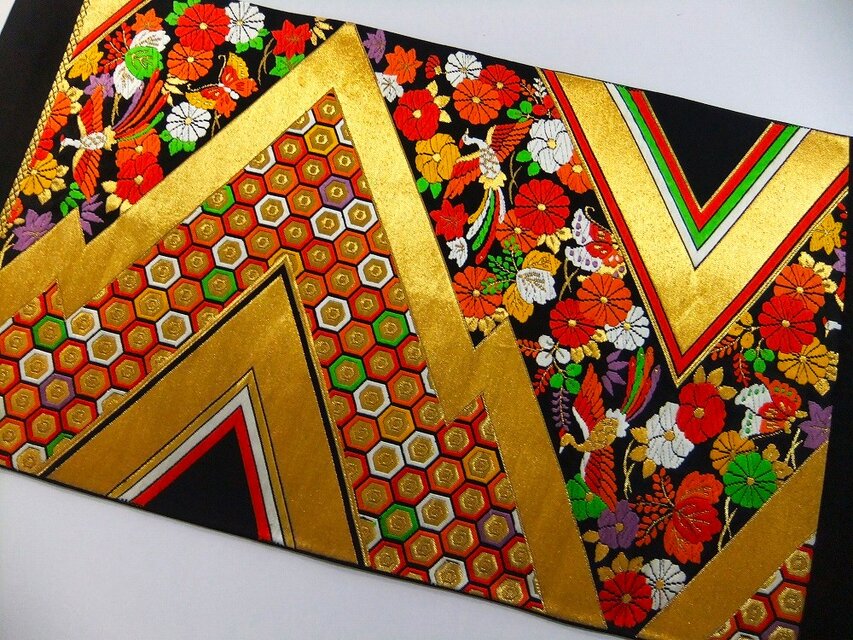 table runner 「松風」　帯リメイク　正絹 西陣織　長尺 16)2045】59.5cm/西陣織・松皮菱飛鳥花文様/テーブルセンター/和風/帯