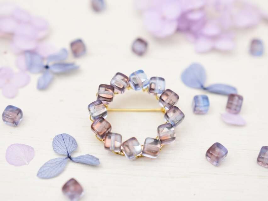 【リース・ブローチ】琥珀糖 大人のくすみカラー 紫陽花