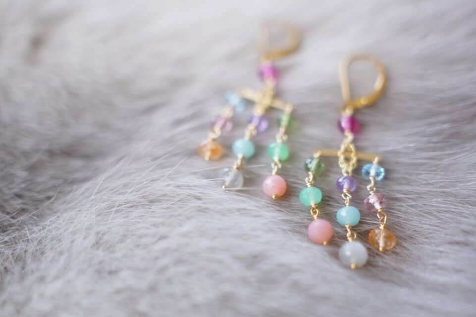 K14GF マルチカラオリエンタルスクエアシャンデリアピアス