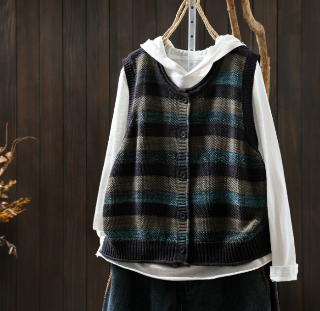 受注｜ニットベスト 綿.コットン カジュアル 通勤通学 羽織り トップス 秋冬ストライプ オーバーサイズ 重ね着