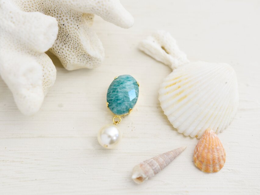 【マグネット ブローチ】さざ波 海のアマゾナイト・宝石ビジュー パール付