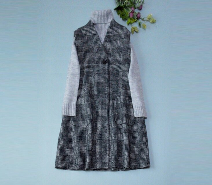 総裏チェック柄ポケット付シンプルな大人可愛いハイネックベストコート♪