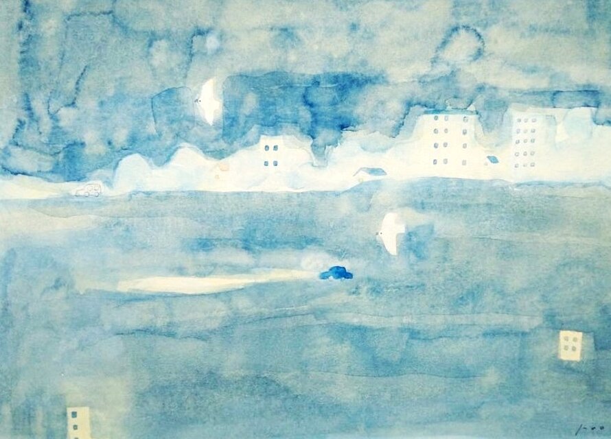一点物｜絵画｜原画「青い街の夜」※額縁入り（四つ切サイズ）送料無料