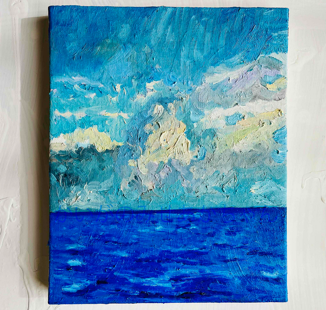 原画・油彩「朝の海7」絵画・F3（22×27㎝）アート・キャンバス