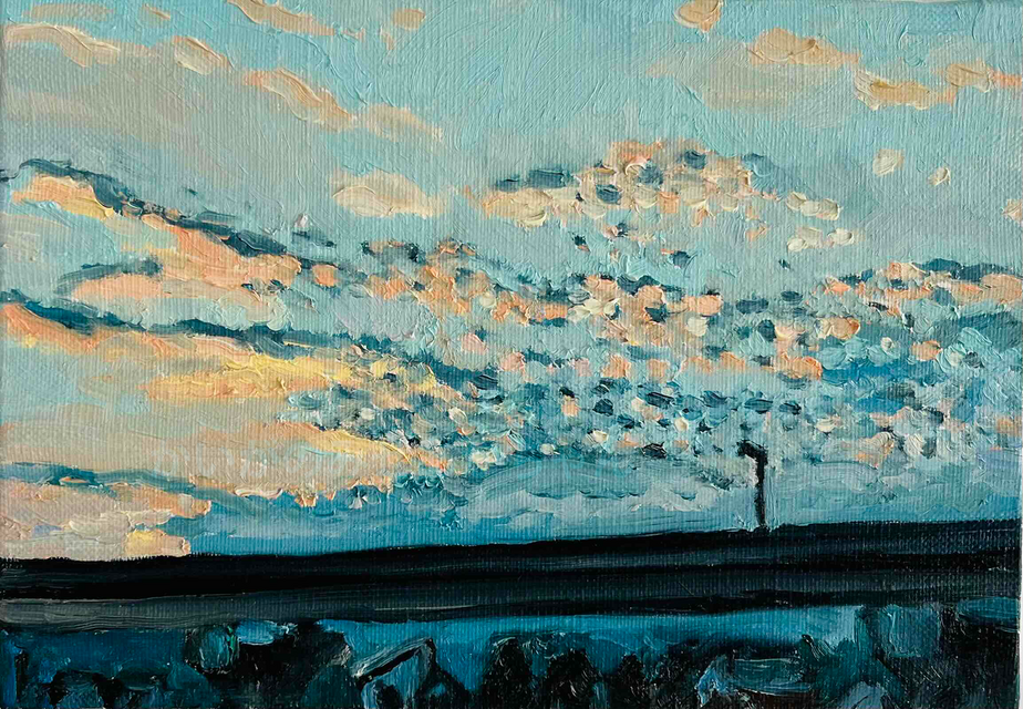 原画・油彩「優しい夕空」絵画・サムホール（16×23㎝）アート