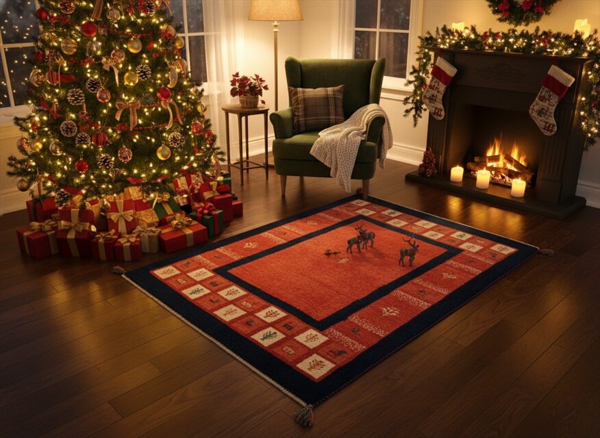 ペルシャ　ギャッベ　ソファー前　ハーフラグ　厚みがある　153×100cm　茜色　紺色　RJ3324G