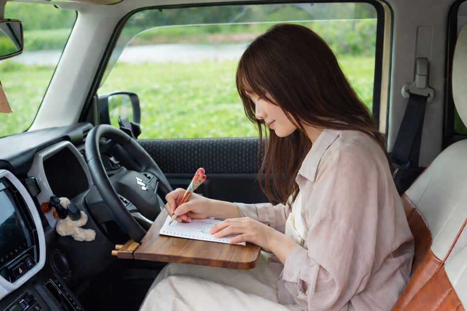 【ほぼ未使用】木製アンティーク調 折りたためる車載デスク（PCサイズ） 父の日ギフト】折りたためる車載デスク 木製 テーブル 移動できる書斎
