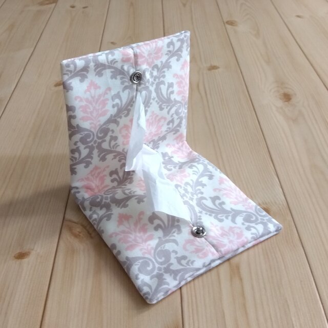 携帯ティッシュケース　ダマスク柄　ボックスティッシュから詰替え　ペーパータオルケース　グレー＆ピンク　　967