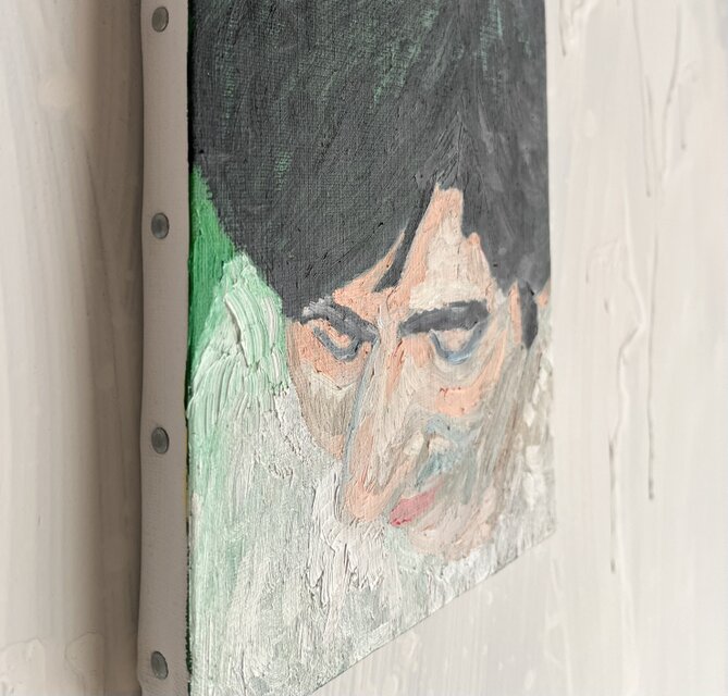 16×23㎝「弁当を食べようとする男」油彩・原画・サムホールサイズ