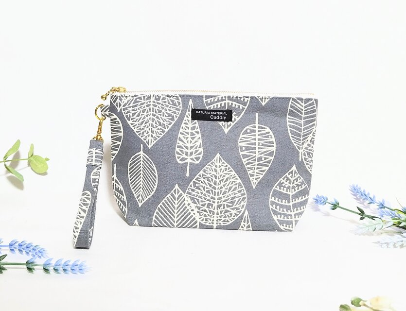 北欧リーフの持ち手付きポーチ(グレー)