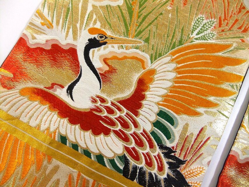 16)2135】2枚組/大正昭和時代の丸帯のリメイク鶴文様/テーブル