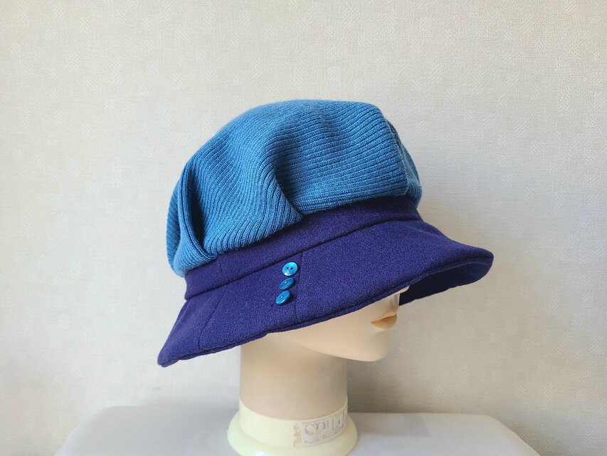 魅せる帽子☆飾りボタンが可愛い♪ウールニットとジョーゼットの柔らかハット～ブルー