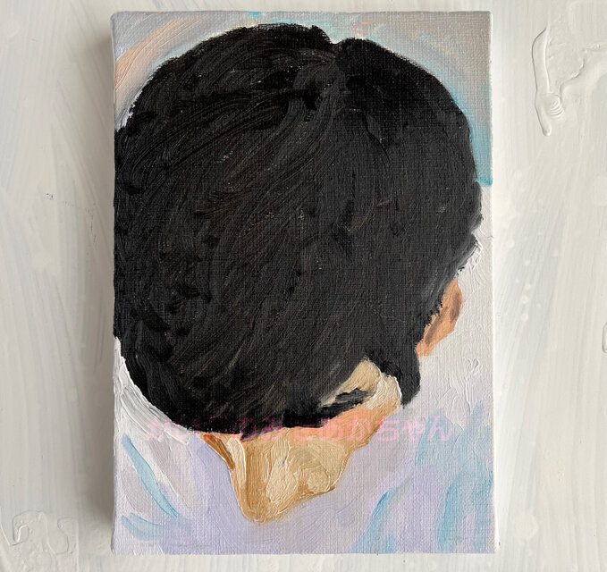 16×23㎝「下を向く男」油彩・原画・サムホールサイズ