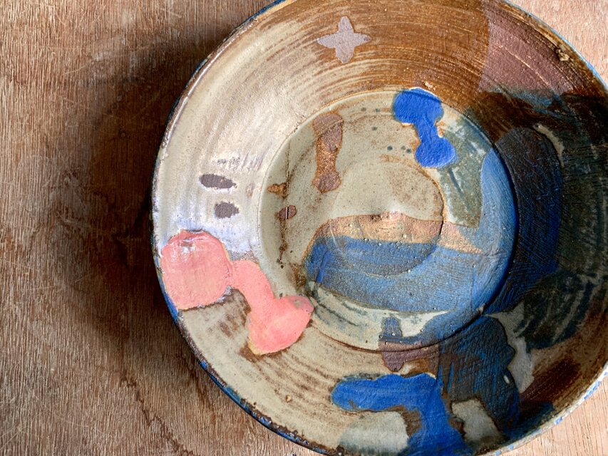 錆青ピンク1　浅鉢18cm