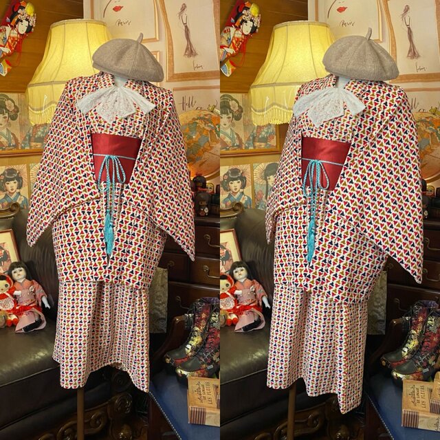 【SALE】d76 着物ワンピース サッシュベルト付 着物リメイク マキシ丈 d76 L〜LLサイズ 着物ワンピース サッシュベルト付き 着物
