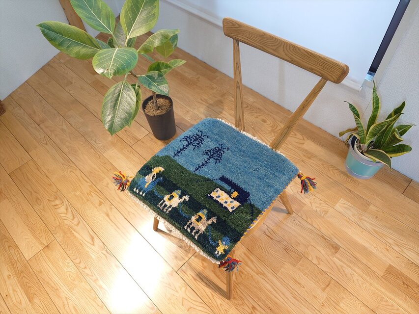 ペルシャ ギャッベ ミニマット 39x39.5㎝ 緑 青 ラクダ テント