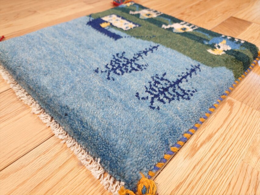 ペルシャ ギャッベ ミニマット 39x39.5㎝ 緑 青 ラクダ テント