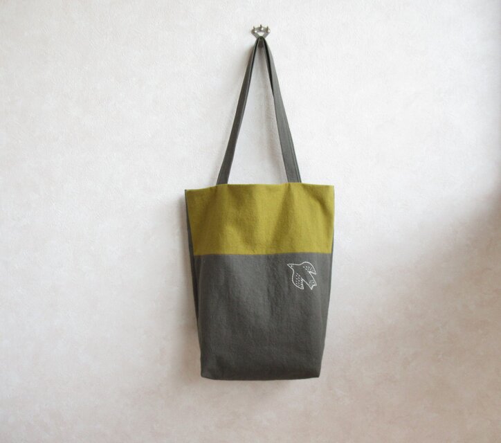 ほそながミニトート　鳥さんの刺繍、アボカド・イェーナ