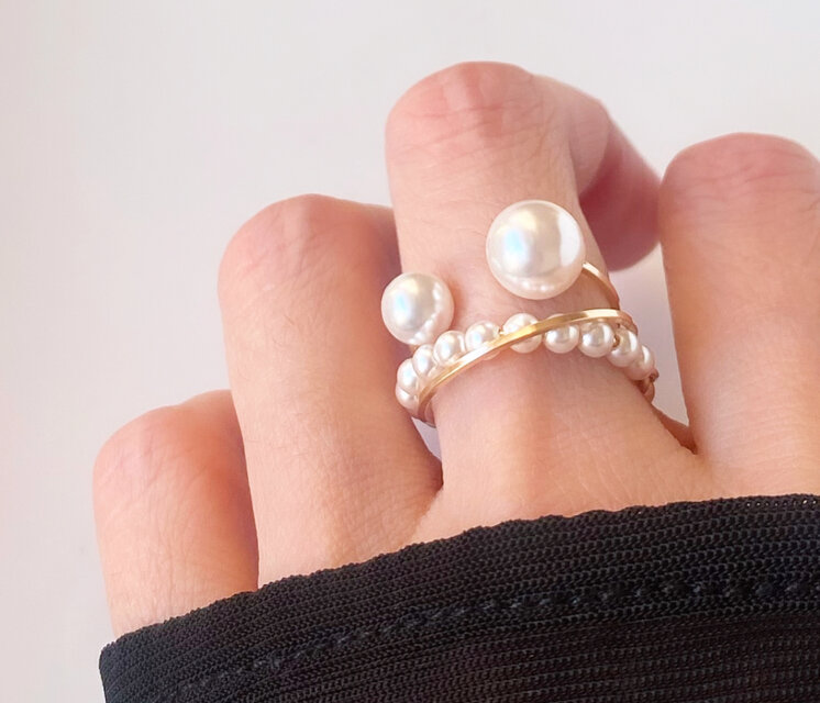 pearl ring 2点セット Fluid & Twins pearl クリスタルパール