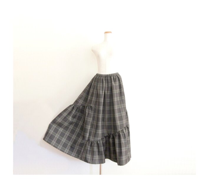 ブロックチェック* アシンメトリーティアードスカート