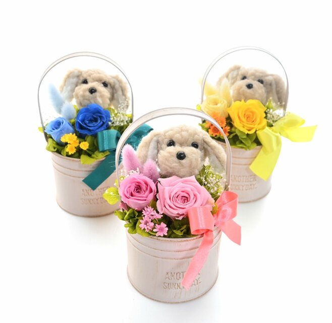 ★送料無料！花と犬【プリザーブドフラワー100%  】誕生日 母の日 犬 花 お祝い 犬好き お供え ペット