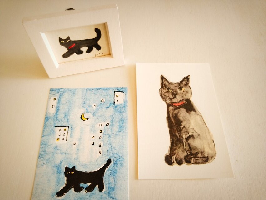 黒猫セット【ミニ額入り複製原画1点 ｜ポストカード2種】黒猫 猫 猫の