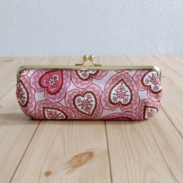 リバティ　がま口ペンケース　口金19.5cm　ハート　ラブレース　ペールピンク　　131