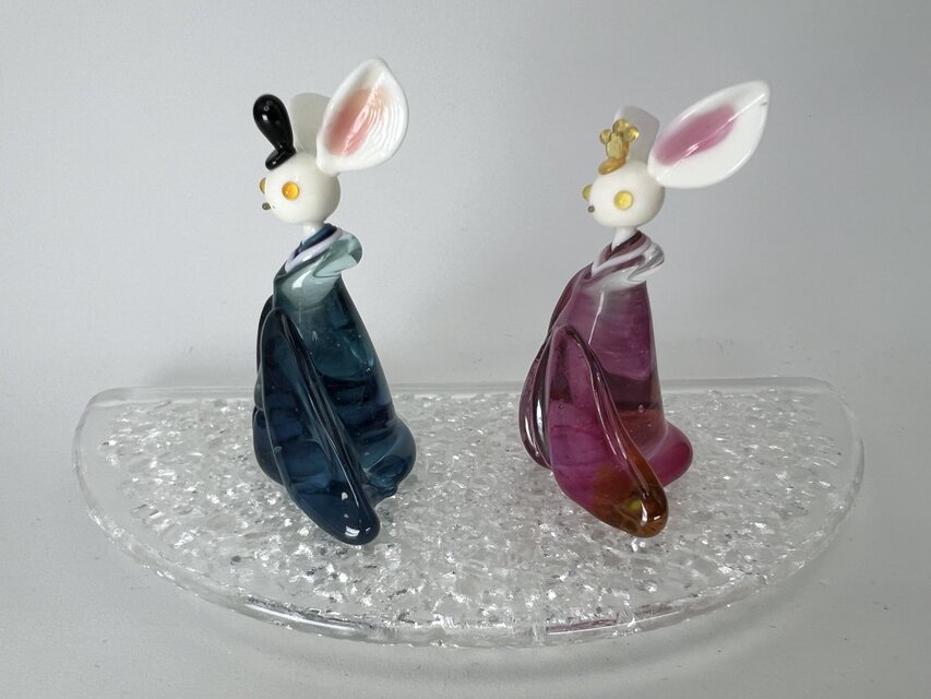 r*.様 ベネチアングラス カラフルガラスボウル ウサギスタンド付き r